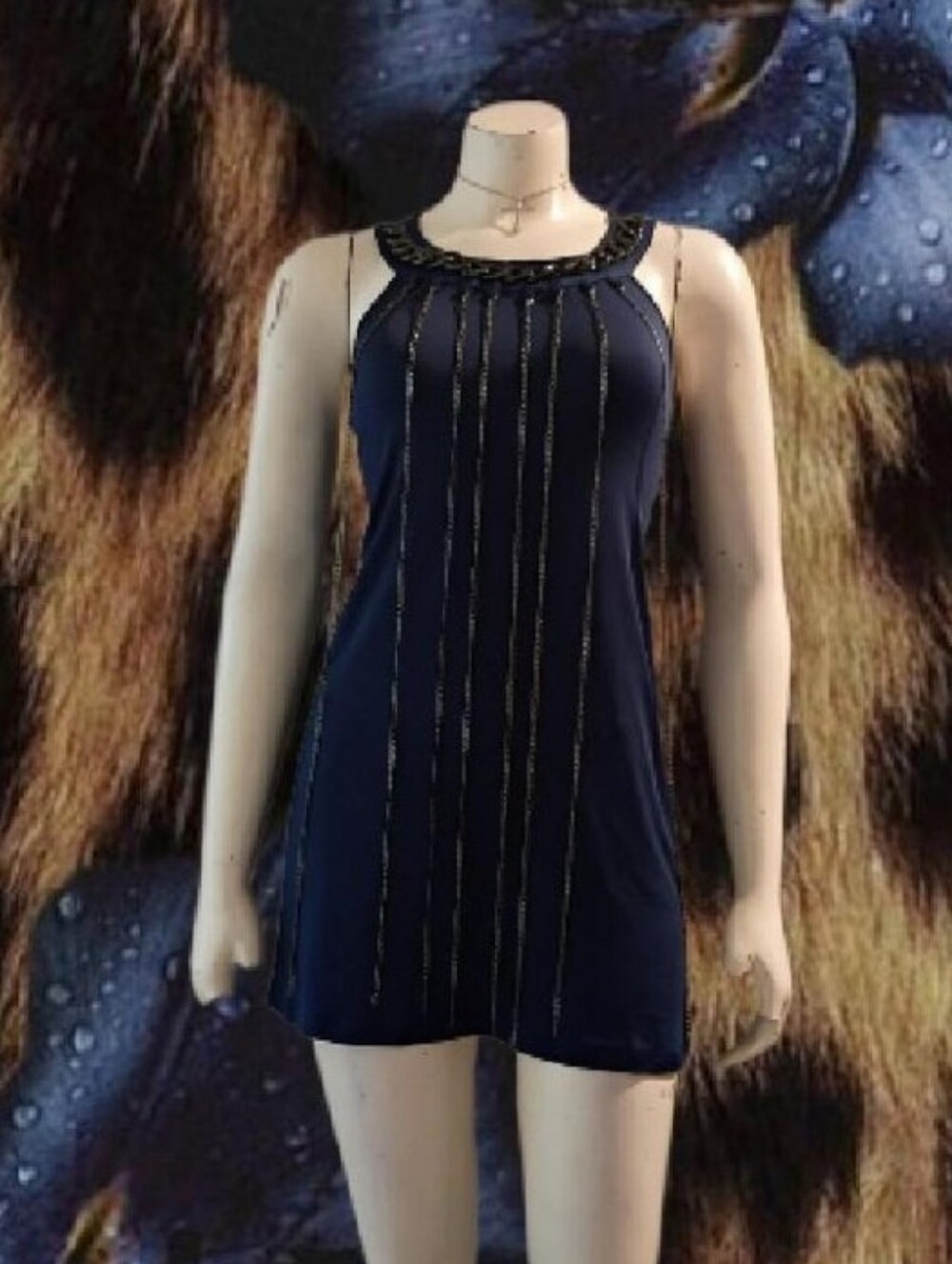 Y2K Ashley Stewart Plus Size 22/24 Navy Mini Dress/Tunic W/ Metal Chain Details